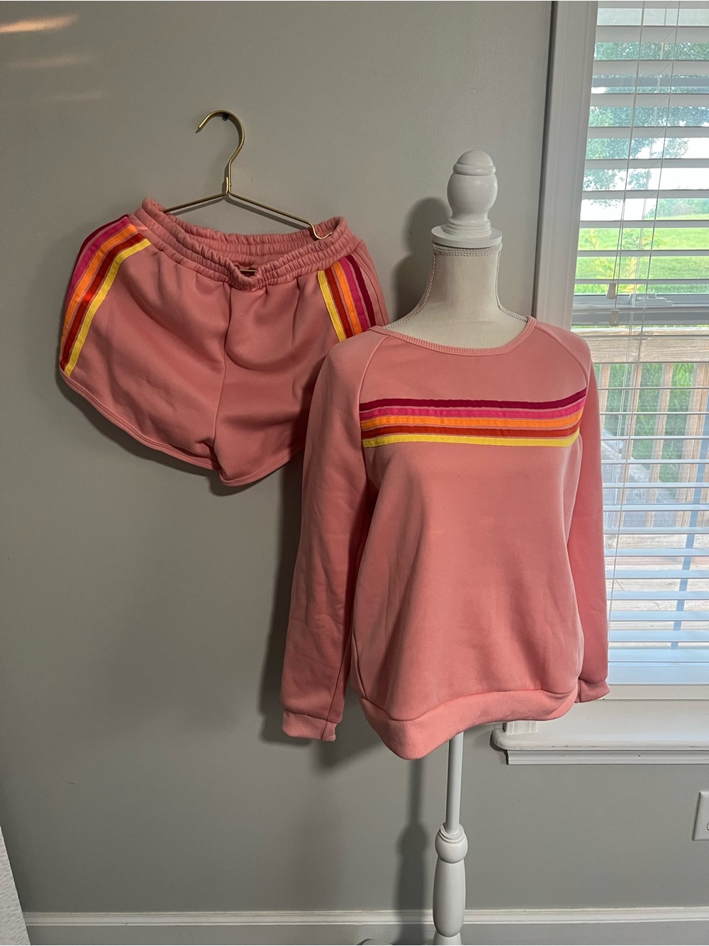 Pink Sweatshirt & Shorts Set with Red and Yellow Stripes